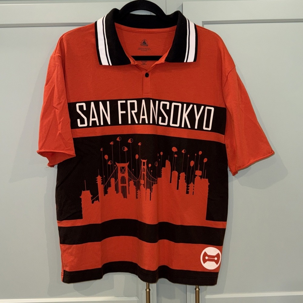 Disney San Fransokyo Shirt Mens Medium Long Sleeve Polo Black Orange White